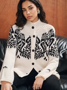 Anewsta Women's Knitted Jacquard High Neck Christmas Snowflake Pattern Cardigan Loose Fit - White - View 1