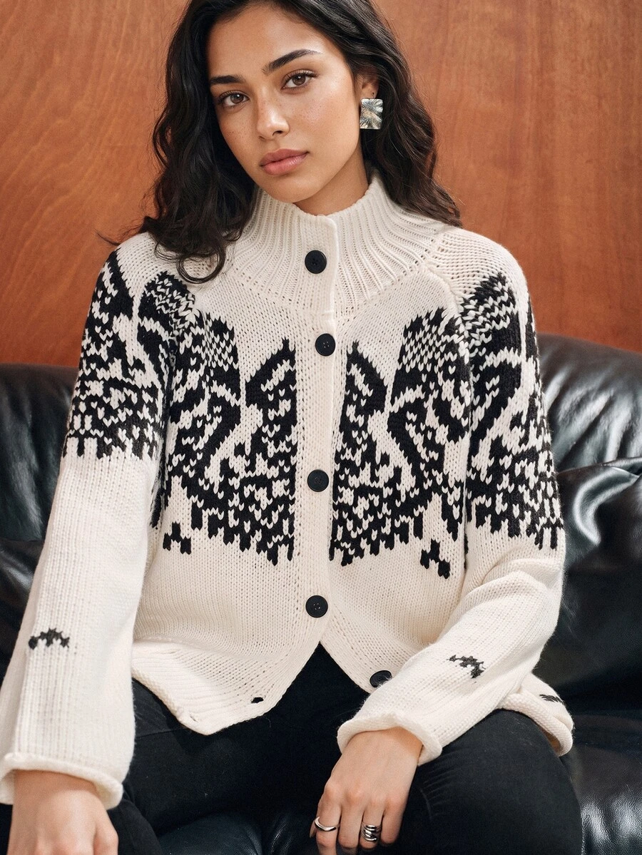 Anewsta Women's Knitted Jacquard High Neck Christmas Snowflake Pattern Cardigan Loose Fit - White - View 1