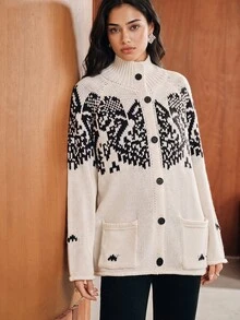 Anewsta Women's Knitted Jacquard High Neck Christmas Snowflake Pattern Cardigan Loose Fit - White - View 7