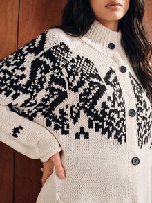 Anewsta Women's Knitted Jacquard High Neck Christmas Snowflake Pattern Cardigan Loose Fit - White - View 4