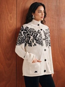 Anewsta Women's Knitted Jacquard High Neck Christmas Snowflake Pattern Cardigan Loose Fit - White - View 5