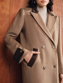 Anewsta Mantel Panjang Wol Wanita Model Baru Musim Gugur/Dingin, Elegan, Modern, Kasual, Serbaguna untuk Sehari-hari, Cocok untuk Perjalanan, dengan Desain Blok Warna, Ukuran Longgar dan Oversize. - Coklat - View 3