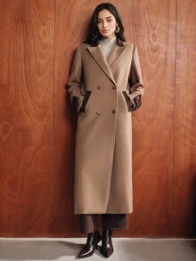 Anewsta Mantel Panjang Wol Wanita Model Baru Musim Gugur/Dingin, Elegan, Modern, Kasual, Serbaguna untuk Sehari-hari, Cocok untuk Perjalanan, dengan Desain Blok Warna, Ukuran Longgar dan Oversize. - Coklat - View 6