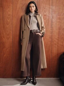 Anewsta Mantel Panjang Wol Wanita Model Baru Musim Gugur/Dingin, Elegan, Modern, Kasual, Serbaguna untuk Sehari-hari, Cocok untuk Perjalanan, dengan Desain Blok Warna, Ukuran Longgar dan Oversize. - Coklat - View 4