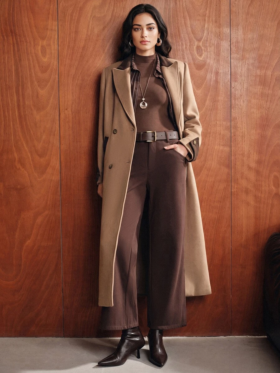 Anewsta Mantel Panjang Wol Wanita Model Baru Musim Gugur/Dingin, Elegan, Modern, Kasual, Serbaguna untuk Sehari-hari, Cocok untuk Perjalanan, dengan Desain Blok Warna, Ukuran Longgar dan Oversize. - Coklat - View 1