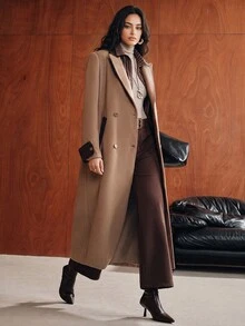 Anewsta Mantel Panjang Wol Wanita Model Baru Musim Gugur/Dingin, Elegan, Modern, Kasual, Serbaguna untuk Sehari-hari, Cocok untuk Perjalanan, dengan Desain Blok Warna, Ukuran Longgar dan Oversize. - Coklat - View 2