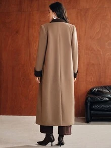 Anewsta Mantel Panjang Wol Wanita Model Baru Musim Gugur/Dingin, Elegan, Modern, Kasual, Serbaguna untuk Sehari-hari, Cocok untuk Perjalanan, dengan Desain Blok Warna, Ukuran Longgar dan Oversize. - Coklat - View 7