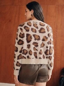 Anewsta Women's Autumn/Winter Leopard Print Jacquard Knit Cardigan, Casual Loose Fit Jacket - Coffee Brown - View 7