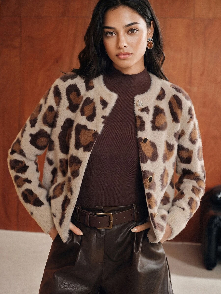 Anewsta Women's Autumn/Winter Leopard Print Jacquard Knit Cardigan, Casual Loose Fit Jacket - Coffee Brown - View 1