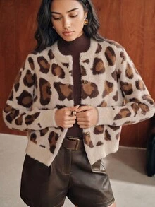 Anewsta Women's Autumn/Winter Leopard Print Jacquard Knit Cardigan, Casual Loose Fit Jacket - Coffee Brown - View 3