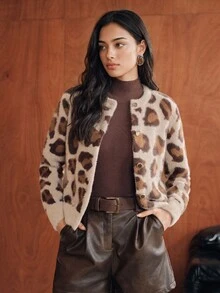 Anewsta Women's Autumn/Winter Leopard Print Jacquard Knit Cardigan, Casual Loose Fit Jacket - Coffee Brown - View 2