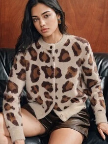 Anewsta Women's Autumn/Winter Leopard Print Jacquard Knit Cardigan, Casual Loose Fit Jacket - Coffee Brown - View 4
