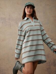 WESTFADE Striped Long Sleeve Mini Polo Dress, Fall, Autumn, Western, Country, Cowgirl Outfits For Women, Winter, Rodeo, Back To School, Blue, Cute - Baby Blue - View 3