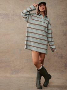 WESTFADE Striped Long Sleeve Mini Polo Dress, Fall, Autumn, Western, Country, Cowgirl Outfits For Women, Winter, Rodeo, Back To School, Blue, Cute - Baby Blue - View 5