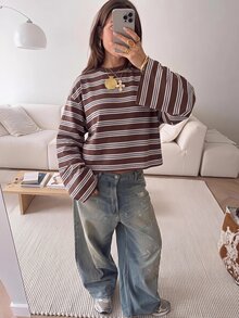 SHEIN EZwear 女款長袖復古條紋上衣/T恤，優雅風格，適合日常通勤、聚會、外出、約會、度假及各種場合（如聖誕節、新年、感恩節、派對、婚禮、海灘、畢業典禮、情人節等），涵蓋春夏秋冬四季，大尺碼T恤 - 彩色 - 查看 6