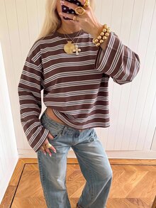 SHEIN EZwear 女款長袖復古條紋上衣/T恤，優雅風格，適合日常通勤、聚會、外出、約會、度假及各種場合（如聖誕節、新年、感恩節、派對、婚禮、海灘、畢業典禮、情人節等），涵蓋春夏秋冬四季，大尺碼T恤 - 彩色 - 查看 5