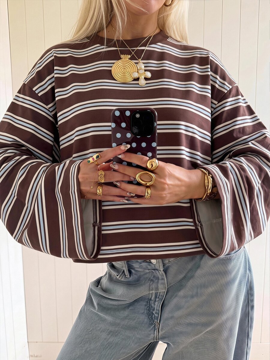 SHEIN EZwear 女款長袖復古條紋上衣/T恤,優雅風格,適合日常通勤、聚會、外出、約會、度假及各種場合(如聖誕節、新年、感恩節、派對、婚禮、海灘、畢業典禮、情人節等),涵蓋春夏秋冬四季,大尺碼T恤 - 彩色 - 查看 1