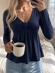 CovetEZ Kaos Kasual Lengan Panjang Berlipit Leher V Warna Polos untuk Wanita - Navy Blue - View 2