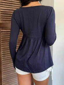 CovetEZ Kaos Kasual Lengan Panjang Berlipit Leher V Warna Polos untuk Wanita - Navy Blue - View 7