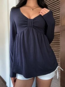 CovetEZ Kaos Kasual Lengan Panjang Berlipit Leher V Warna Polos untuk Wanita - Navy Blue - View 6