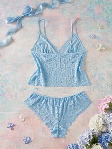 SHEIN 大尺碼女款蕾絲掛脖上衣與三角內褲性感內衣套裝 - 藍色 - 查看 2
