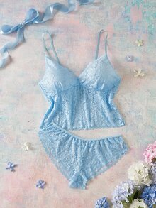 SHEIN 大尺碼女款蕾絲掛脖上衣與三角內褲性感內衣套裝 - 藍色 - 查看 4
