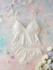 SHEIN طقم لانجري مثير للنساء مقاس كبير، توب دانتيل برقبة معلقة وسروال داخلي مثلث - أبيض - مشاهدة 5