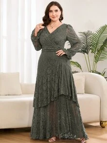 SHEIN CURVE+ Plus Size 22W Women's Fashion Printed Ruffle Wave Hem High Elastic Cinched Waist Flattering Long Dre Fall - Green - View 5