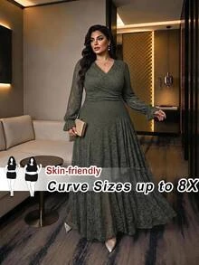 SHEIN CURVE+ Plus Size 22W Women's Fashion Printed Ruffle Wave Hem High Elastic Cinched Waist Flattering Long Dre Fall - Green - View 1