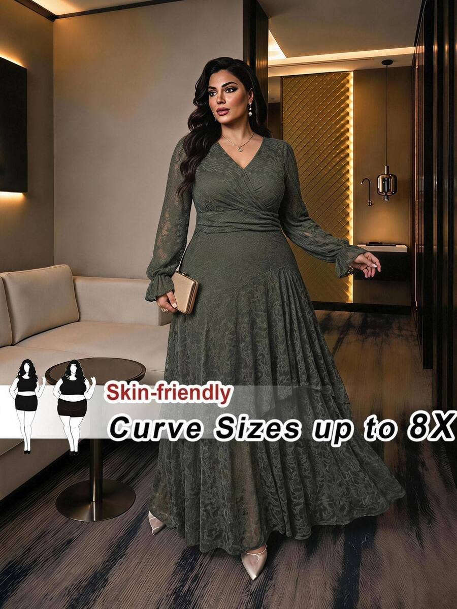 SHEIN CURVE+ Plus Size 22W Women's Fashion Printed Ruffle Wave Hem High Elastic Cinched Waist Flattering Long Dre Fall - Green - View 1