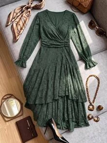 SHEIN CURVE+ Plus Size 22W Women's Fashion Printed Ruffle Wave Hem High Elastic Cinched Waist Flattering Long Dre Fall - Green - View 9