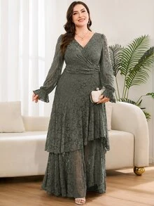 SHEIN CURVE+ Plus Size 22W Women's Fashion Printed Ruffle Wave Hem High Elastic Cinched Waist Flattering Long Dre Fall - Green - View 10