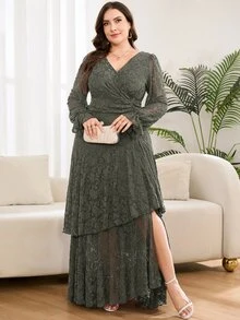 SHEIN CURVE+ Plus Size 22W Women's Fashion Printed Ruffle Wave Hem High Elastic Cinched Waist Flattering Long Dre Fall - Green - View 2