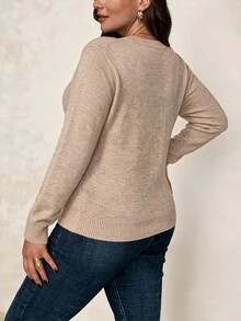 EMERY ROSE Plus Size Women's Solid Color Regular Fit Long Sleeve Crew Neck Pullover Basic Sweater,Autumn/Winter Layering Fall - Khaki - View 6