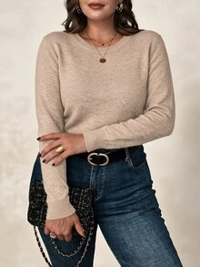 EMERY ROSE Plus Size Women's Solid Color Regular Fit Long Sleeve Crew Neck Pullover Basic Sweater,Autumn/Winter Layering Fall - Khaki - View 4