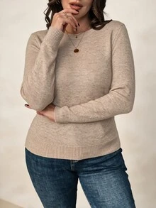 EMERY ROSE Plus Size Women's Solid Color Regular Fit Long Sleeve Crew Neck Pullover Basic Sweater,Autumn/Winter Layering Fall - Khaki - View 5
