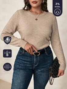 EMERY ROSE Plus Size Women's Solid Color Regular Fit Long Sleeve Crew Neck Pullover Basic Sweater,Autumn/Winter Layering Fall - Khaki - View 2