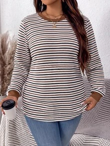 EMERY ROSE Sweatshirt Kasual Wanita Ukuran Besar Motif Garis Cokelat untuk Liburan, Musim Gugur/Dingin - Coklat - View 5