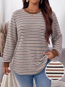 EMERY ROSE Sweatshirt Kasual Wanita Ukuran Besar Motif Garis Cokelat untuk Liburan, Musim Gugur/Dingin - Coklat - View 1