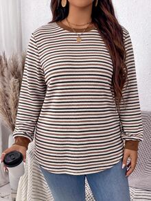 EMERY ROSE Sweatshirt Kasual Wanita Ukuran Besar Motif Garis Cokelat untuk Liburan, Musim Gugur/Dingin - Coklat - View 3