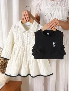 SHEIN 2件組女嬰針織毛衣洋裝，甜美黑白蝴蝶結刺繡、華夫格菱格紋針織、長袖領口設計，適合假日派對與秋季時尚穿搭 - 黑與白 - 查看 5