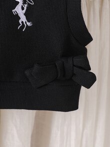 SHEIN 2件組女嬰針織毛衣洋裝，甜美黑白蝴蝶結刺繡、華夫格菱格紋針織、長袖領口設計，適合假日派對與秋季時尚穿搭 - 黑與白 - 查看 8
