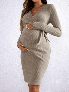SHEIN Maternity Front Tie Long Sleeve Minimalist Short Dress, Casual Everyday Wear Fall Clothes - Apricot - View 4
