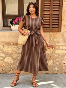 Melodosi Brown Striped Plus Size Dress - Multicolor - View 4