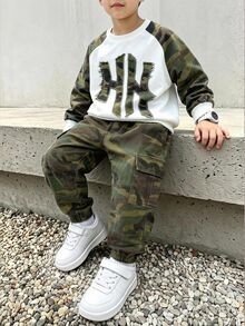 Boys' Regular Shoulder Round Neck Long Sleeve Sweatshirt And Cuffed Cargo Pants - Multicolor - View 1
