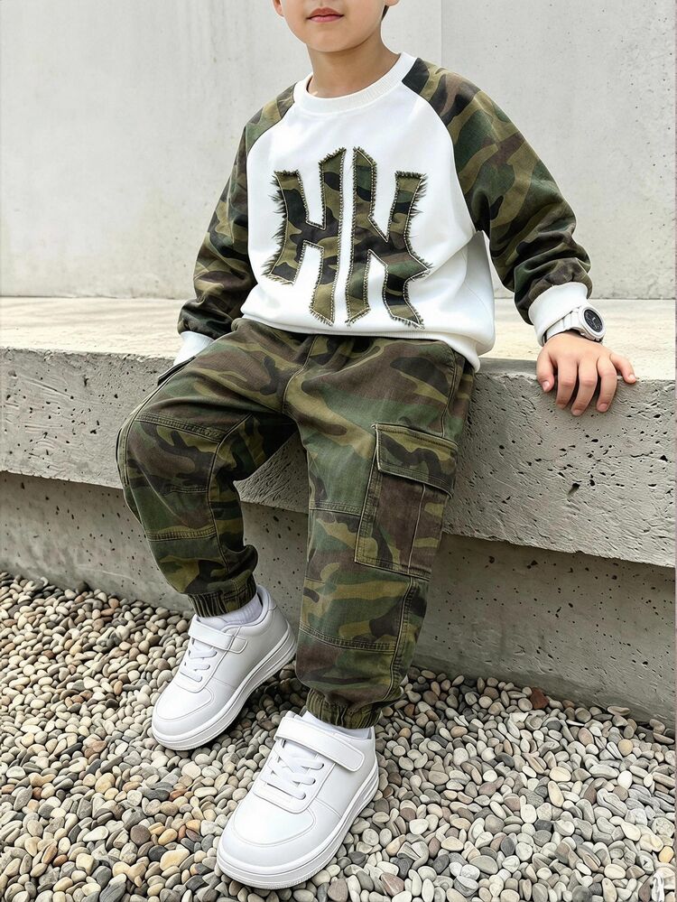 Boys' Regular Shoulder Round Neck Long Sleeve Sweatshirt And Cuffed Cargo Pants - Multicolor - View 4