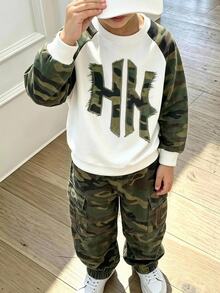 Boys' Regular Shoulder Round Neck Long Sleeve Sweatshirt And Cuffed Cargo Pants - Multicolor - View 4