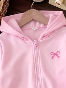 SHEIN 女童休閒蝴蝶結印花運動外套，Y2K風格，返校季，秋冬休閒，女童休閒，校園風，長袖上衣，運動外套 - 粉色 - 查看 3