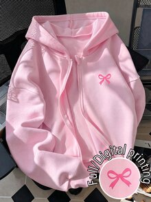 SHEIN 女童休閒蝴蝶結印花運動外套，Y2K風格，返校季，秋冬休閒，女童休閒，校園風，長袖上衣，運動外套 - 粉色 - 查看 5