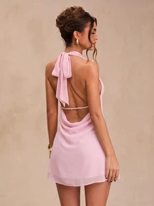 SHEIN BAE Spring/Summer Solid Black Deep Draped Neck Halter Sexy Cowl Neck Backless Women's Chiffon Mini Dress - Baby Pink - View 4